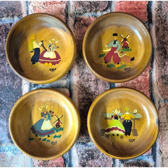 Vintage Hand Painted Folk Art Wooden Dutch Bowl Set of 4 Signed GHS 5.5" Decor - Picture 1 of 8